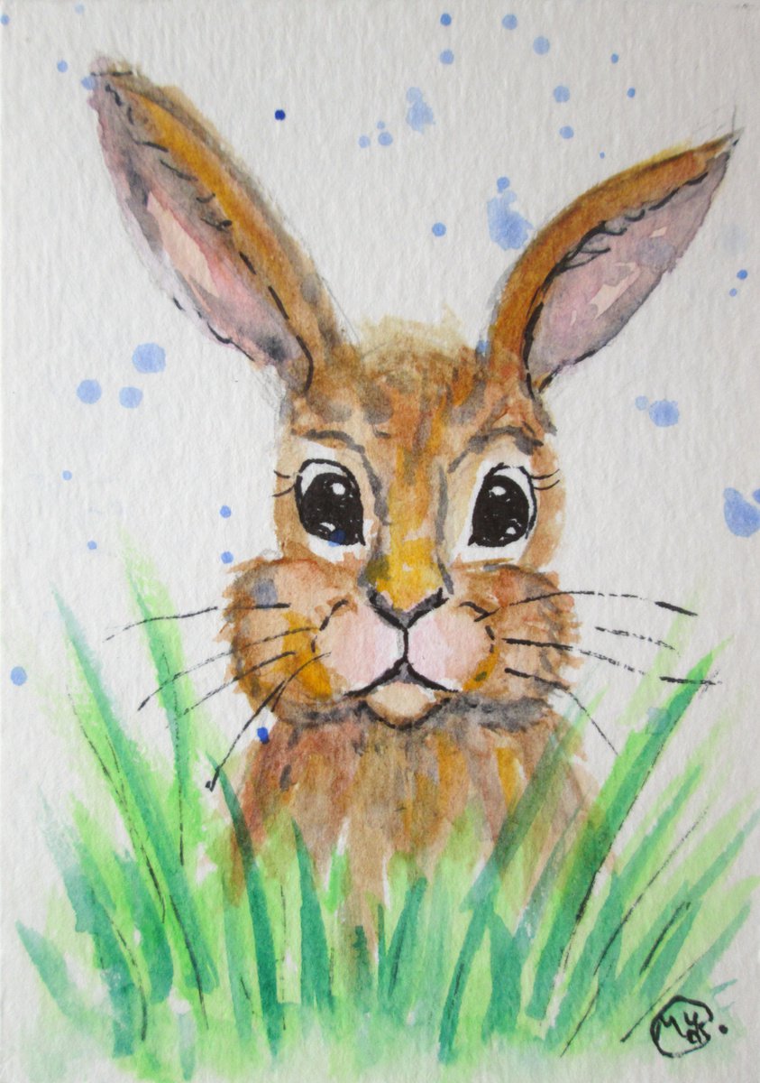 Hoppy Hare Miniature ACEO original OOAK painting by MARJANSART