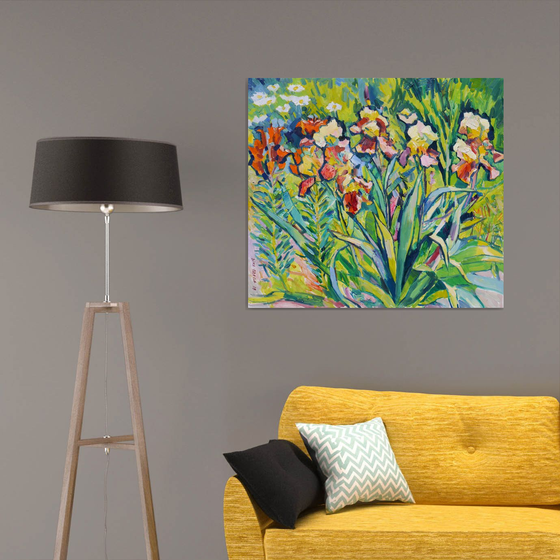 Irises and orange lilies