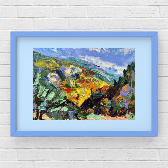 "Sun in mountains", 18*24cm, impressionistic oil mountains landscape etude painting