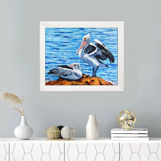 "Let's Go Fishing" – Australian Pelicans at the beach – framed