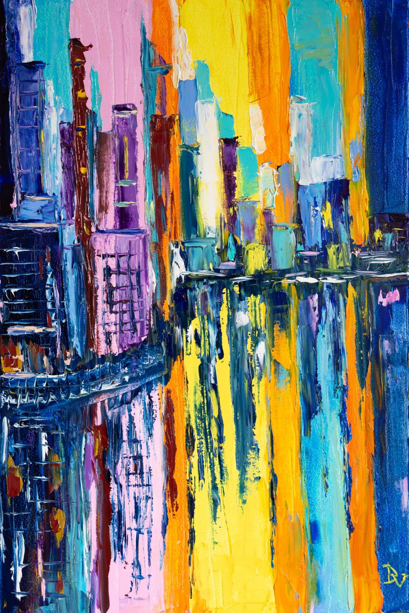Abstract Cityscapes Oil Painting By Vladyslav Durniev, 16 X 24", Colorful Lake District, Original Artwork