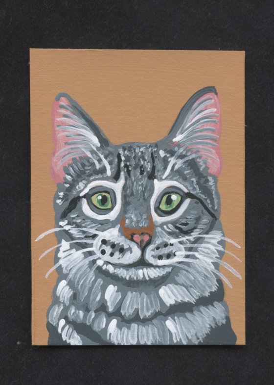 ACEO ATC Original Miniature Painting Gray Tabby Cat Pet Feline Art-Carla Smale