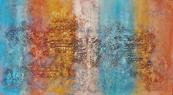 Abstract,blue, orange, white brown,christmas sale 1300 USD now 945 USD.