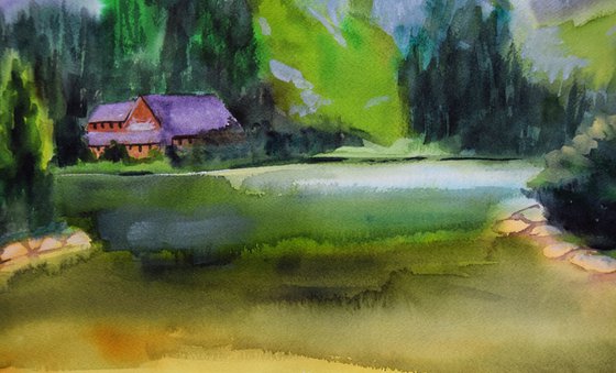 Mountains Painting, Misty Landscape Original Watercolor Painting