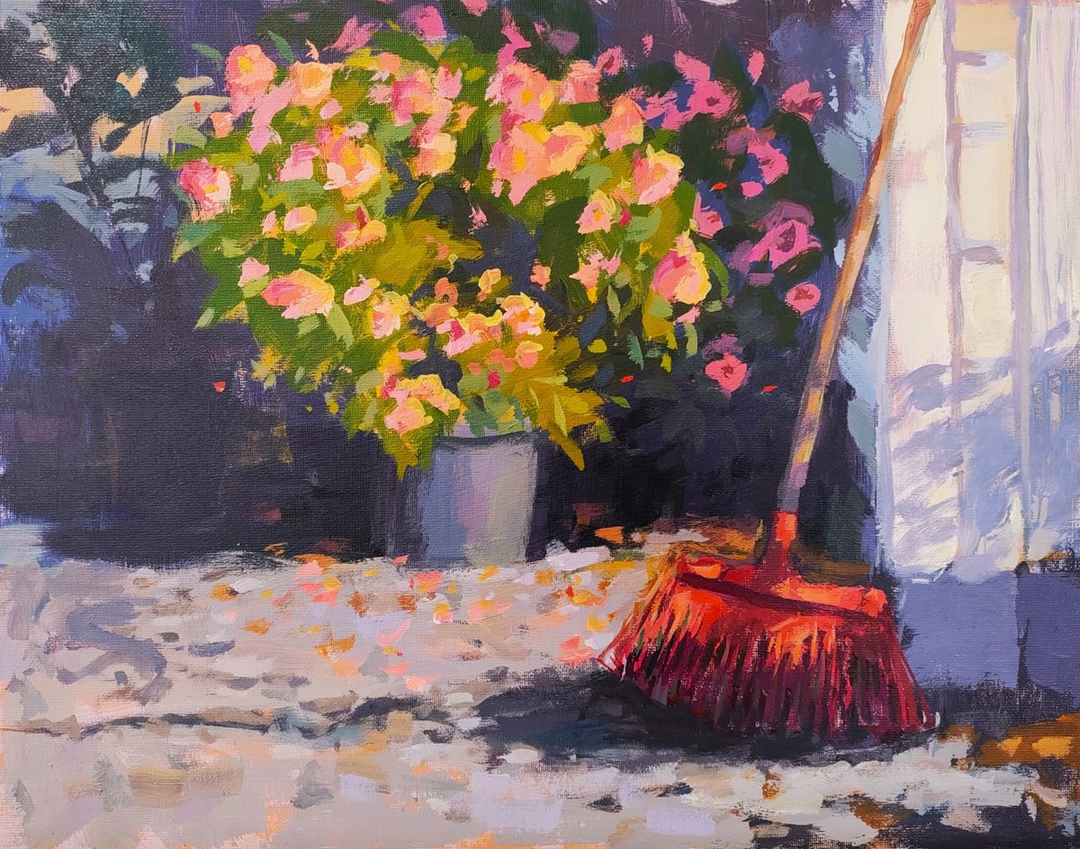 Impressionistic Botanical Acrylic Painting By Kristina Sellers, 14 X 11", Red Rake, Original Artwork