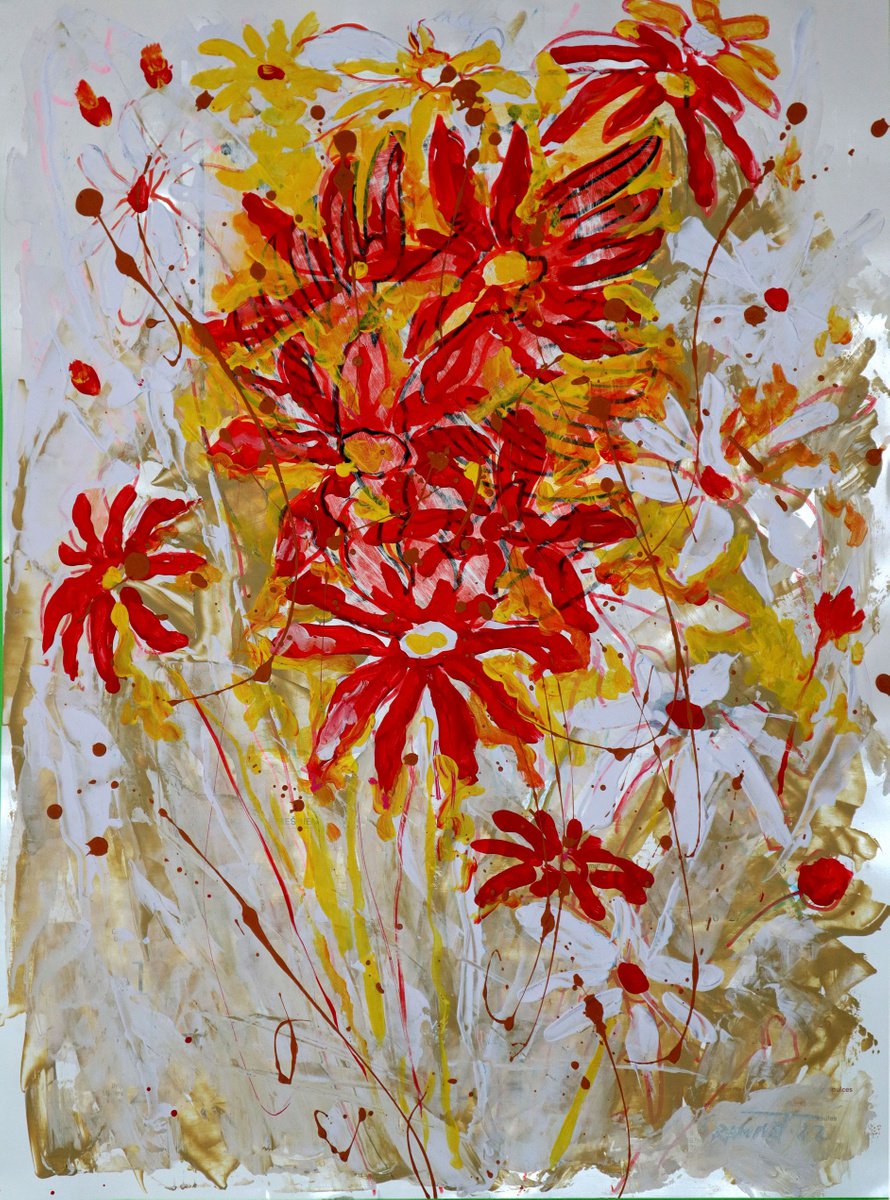 Impressionistic Botanical Acrylic Painting By Rakhmet Redzhepov, 16 X 21", Fantasy With Flowers 12., Original Artwork