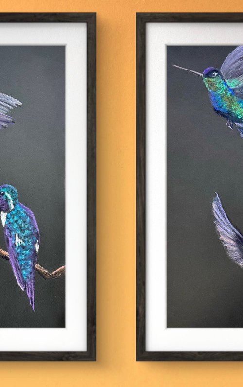 Colibri Flowers Diptych Pastel by Yuliia Sharapova