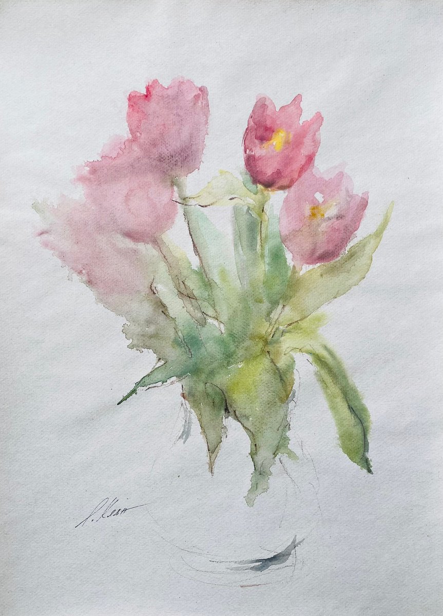 Impressionistic Still Life Watercolour By Elena Klyan, 12 X 16, Tulips 7 2024, Original Artwork