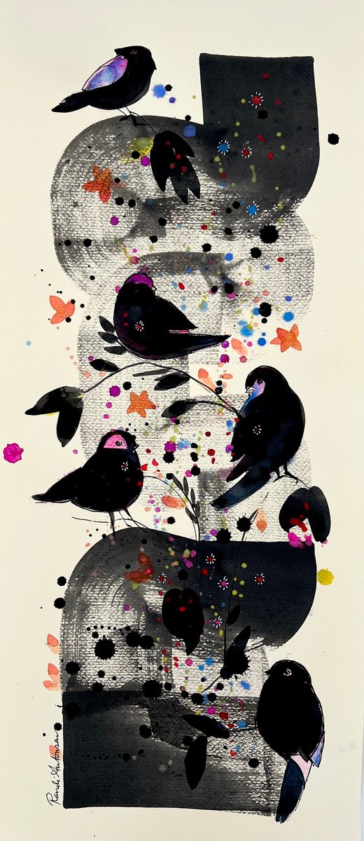 Expressive Animal Ink Drawing By Randi Antonsen, 12 X 28", Hide And Seek, Original Artwork