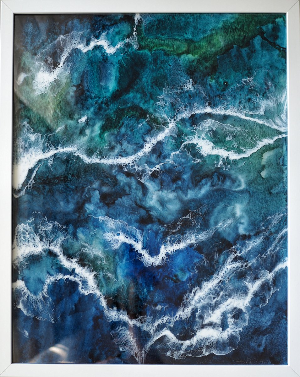 Sea vibe - original seascape artwork, watercolor and epoxy waves by Delnara El