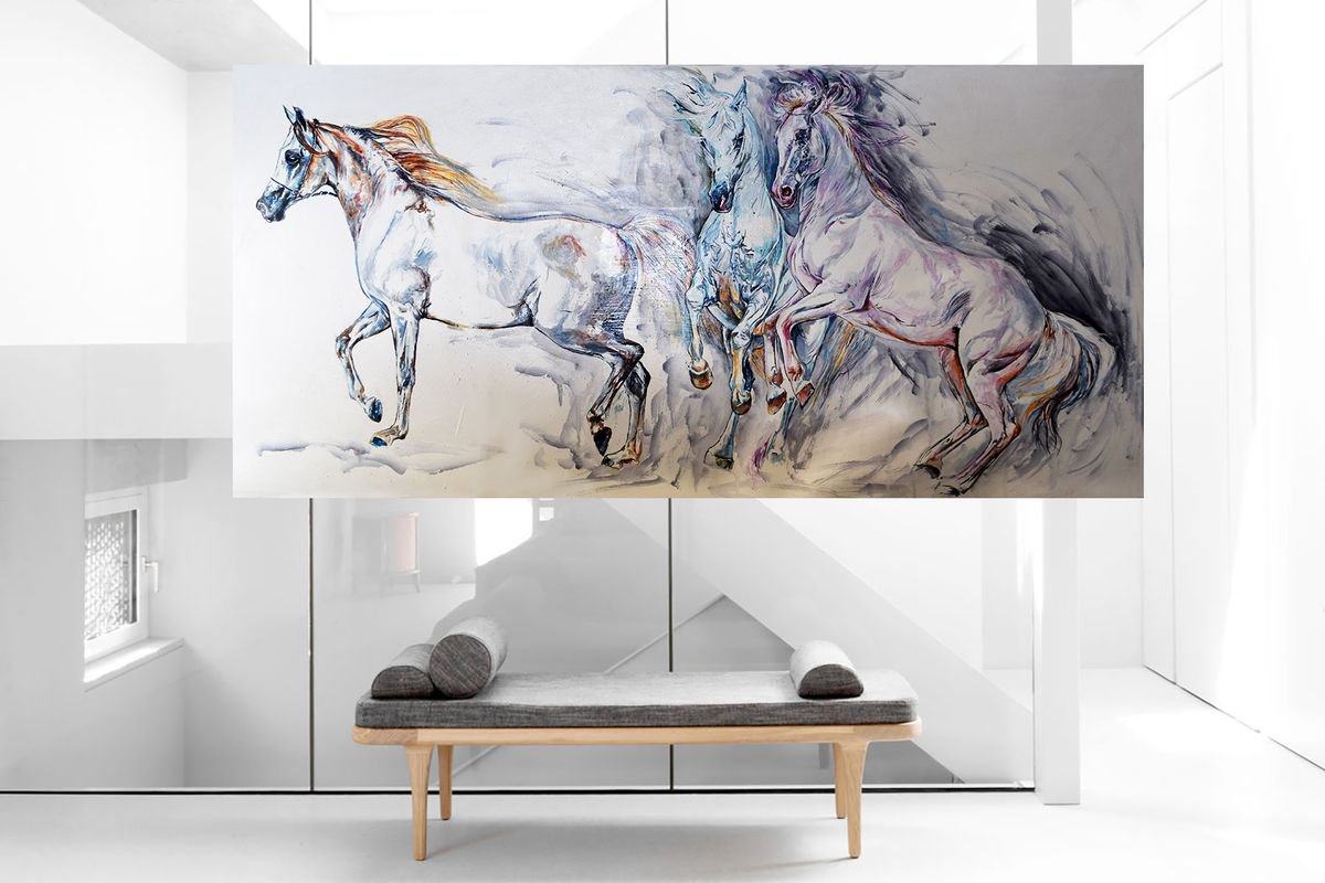 3 colors / Horses 60 x 29 X Large painting / Modern Equine Contemporary by Anna Sidi-Yacoub