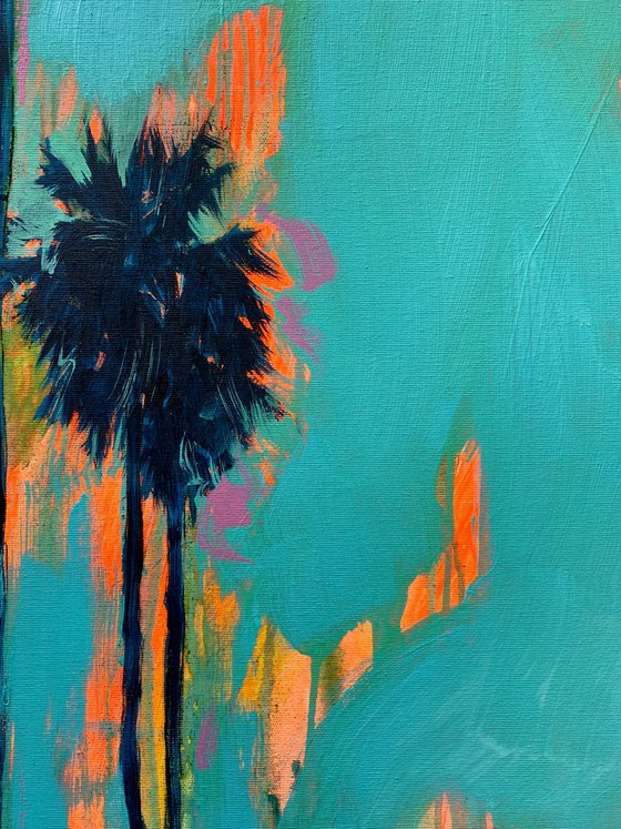 Blue&Orange artwork - "Pink sea" - Pop Art - Florida - California - Palms - Street Art - Expressionism - Sunset