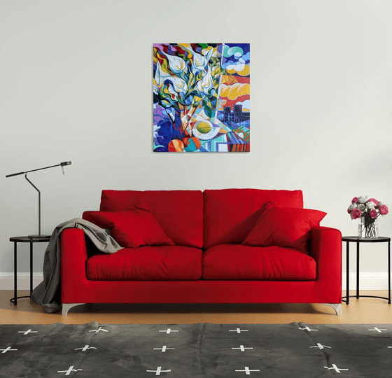 Still life with callas (80x90cm, cubism, oil painting, ready to hang)