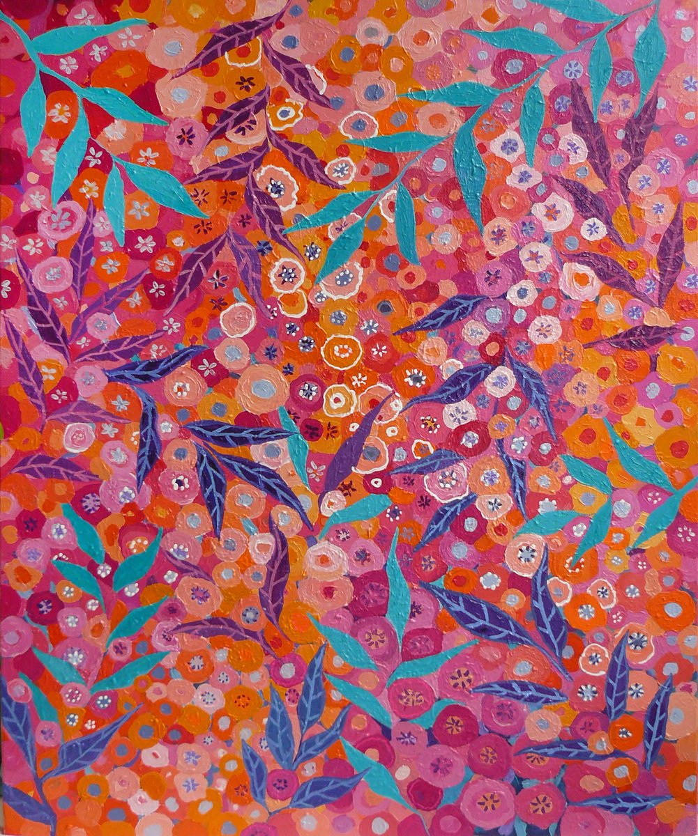 Abstract Botanical Acrylic Painting By Mima Taneva, 31 X 39", Spring Flowers, Original Artwork