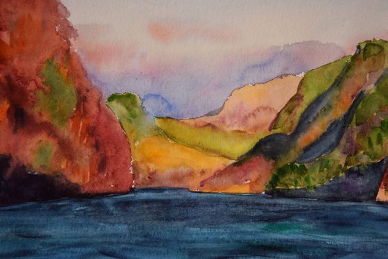 Norwegian original watercolor painting Winter mountains in Norway, snowy fjords in sunset