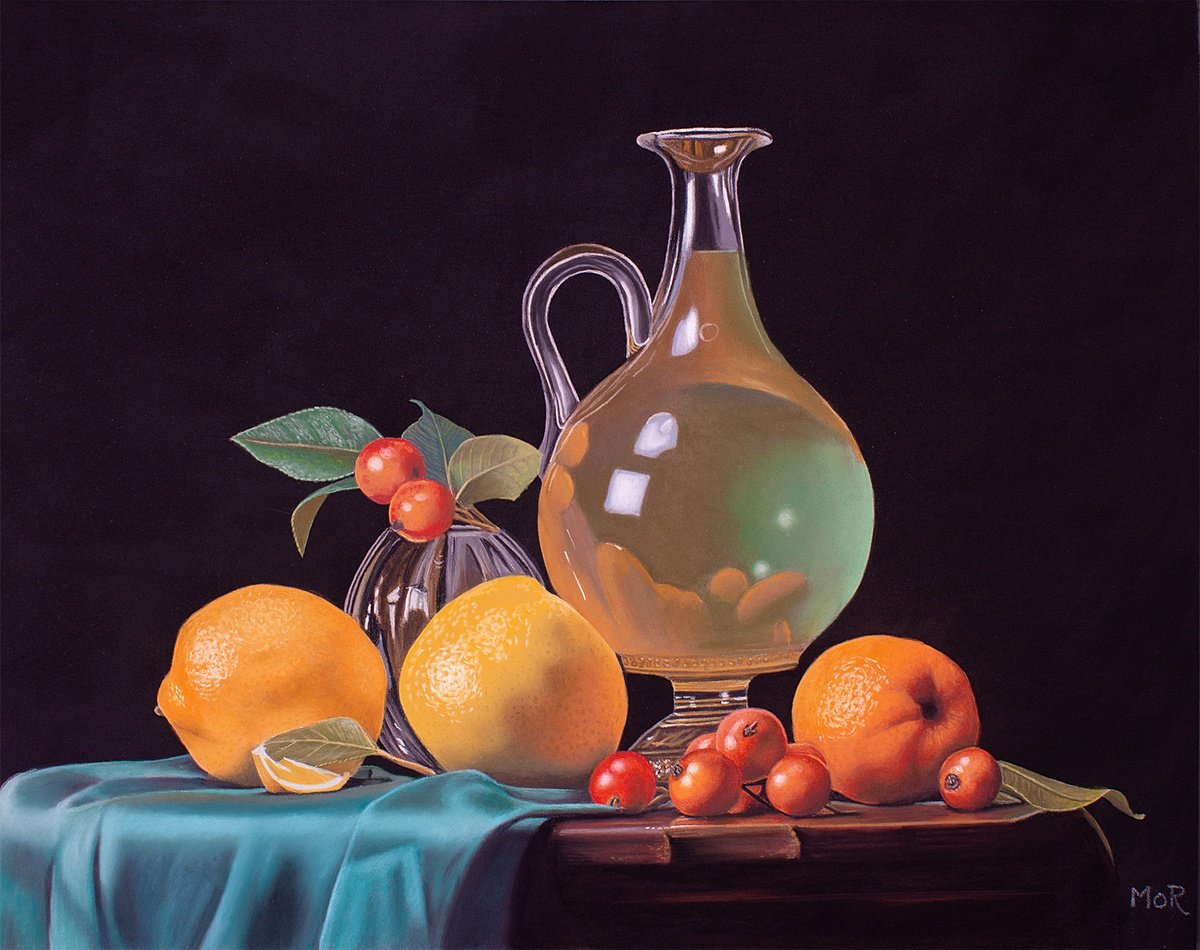 Photorealistic Still Life Pastel Drawing By Dietrich Moravec, 20 X 16, Big Belly Glass Vessel, Original Artwork