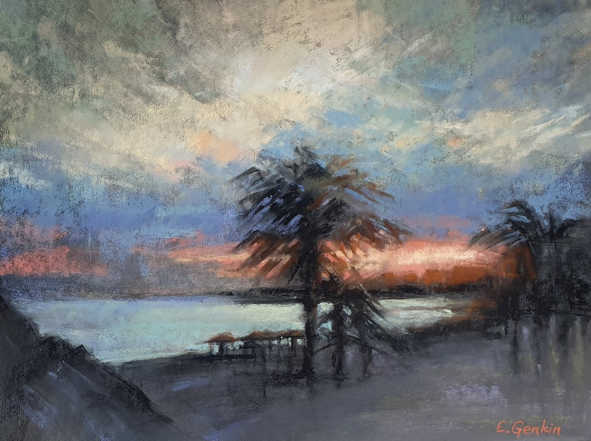 Impressionistic Landscape Pastel Drawing By Elena Genkin, 16 X 12, Palm Beach Sunset, Original Artwork