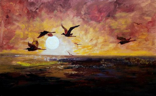 African herons at sunset - African sunset for interior in ethnic style by Liubov Samoilova