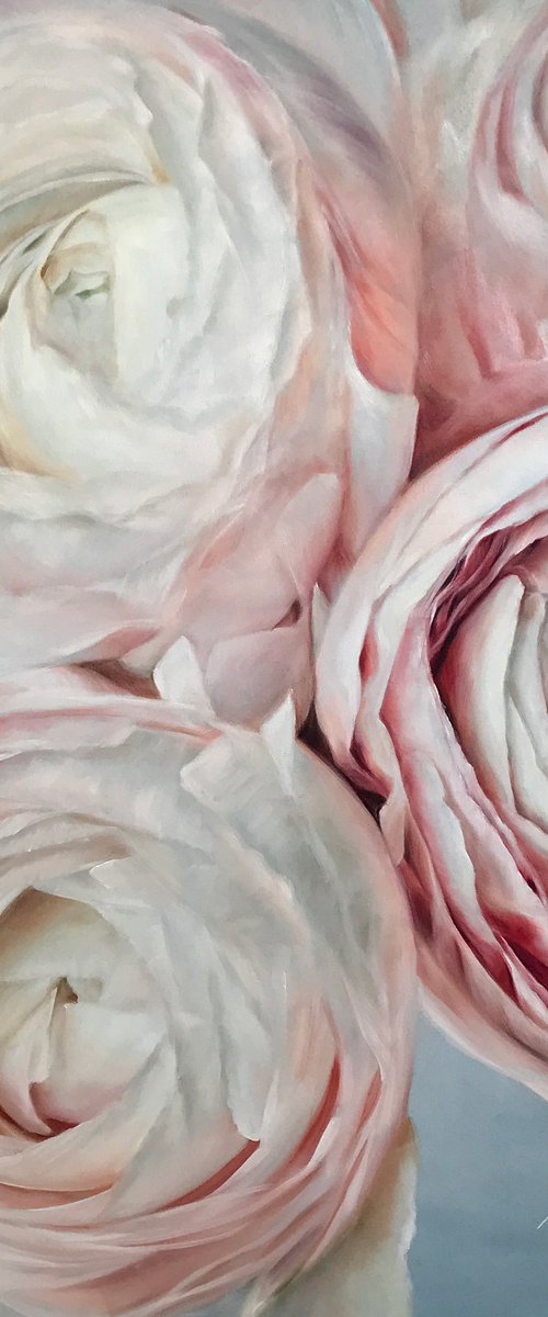 Square oil painting with light Ranunculus "Awakening" 80 * 80 cm by Irina Ivlieva