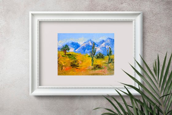 Cactus Painting Original Art Sonora Desert Artwork Arizona Wall Art Mountain Landscape