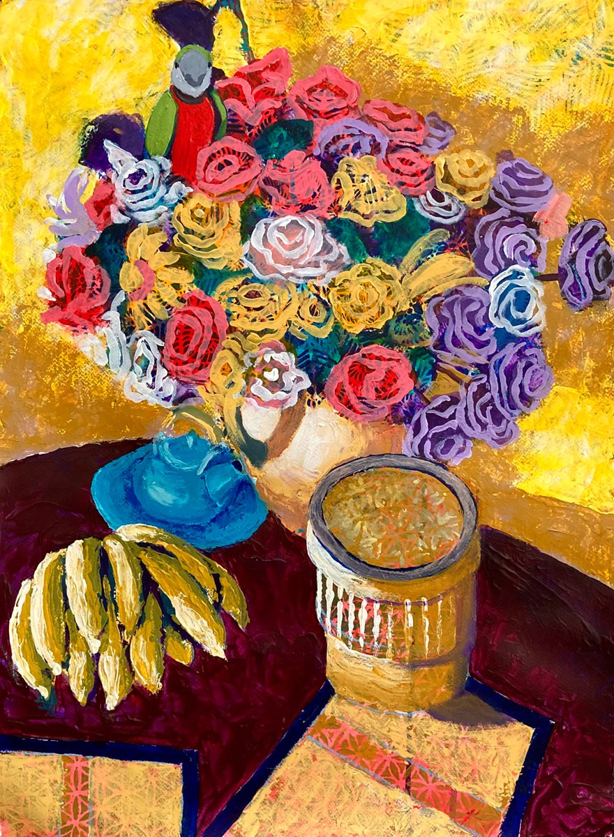 Impressionistic Still Life Acrylic Painting By John Cottee, 22 X 30, Artificial Flowers & Bananas, Original Artwork