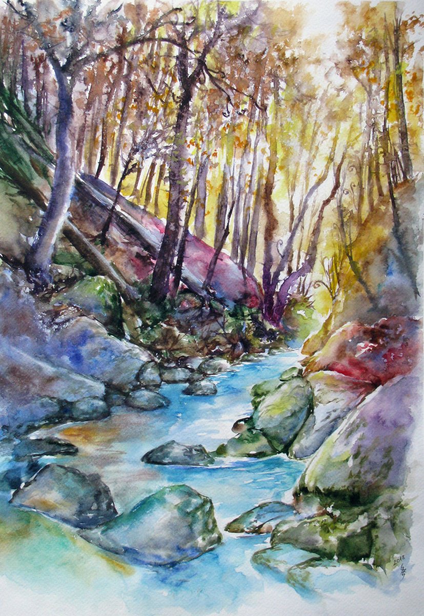 Impressionistic Landscape Watercolour By Szekelyhidi Zsolt, 13 X 19", Autumnal Forest, Original Artwork