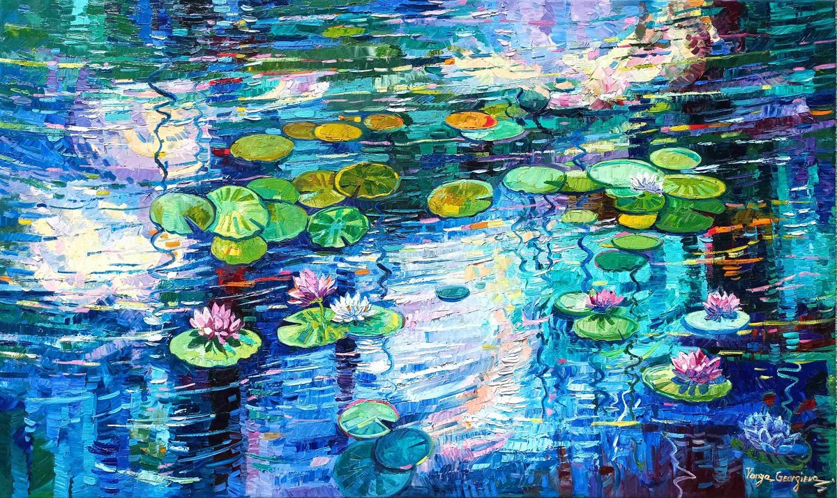 Impressionistic Botanical Oil Painting By Vanya Georgieva, 79 X 47", Water Lilies Reflections 5, Original Artwork