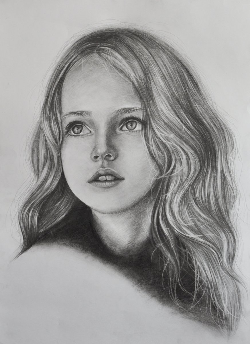 Portrait Pencil Drawing By Anastasia Terskih, 17 X 23, Portrait Of A Young Girl, Original Artwork