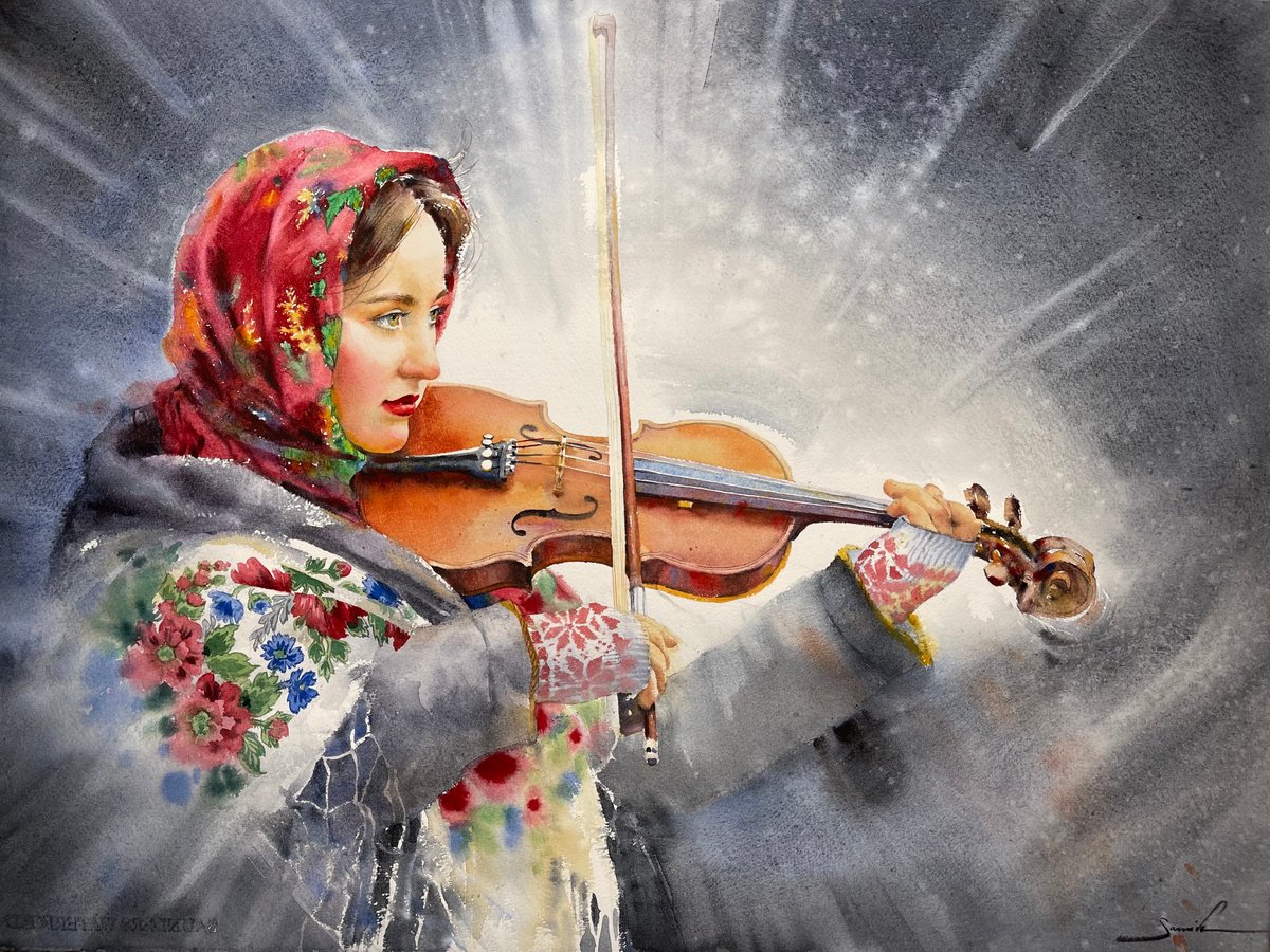 Expressive Portrait Watercolour By Samira Yanushkova, 30 X 22", Christmas Celebration, Original Artwork