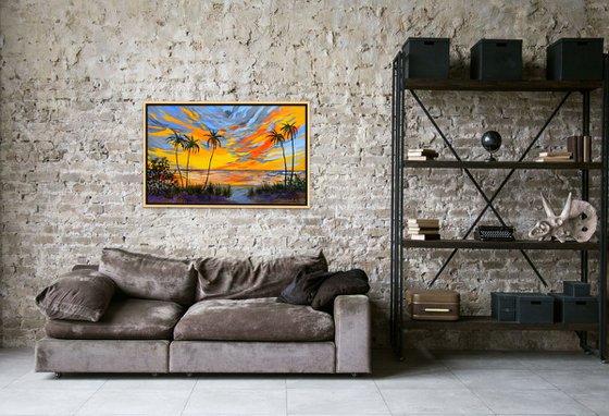 OCEAN SUNSET. Contemporary Florida Sunset Painting in Bold Orange, Purple, Yellow Colors