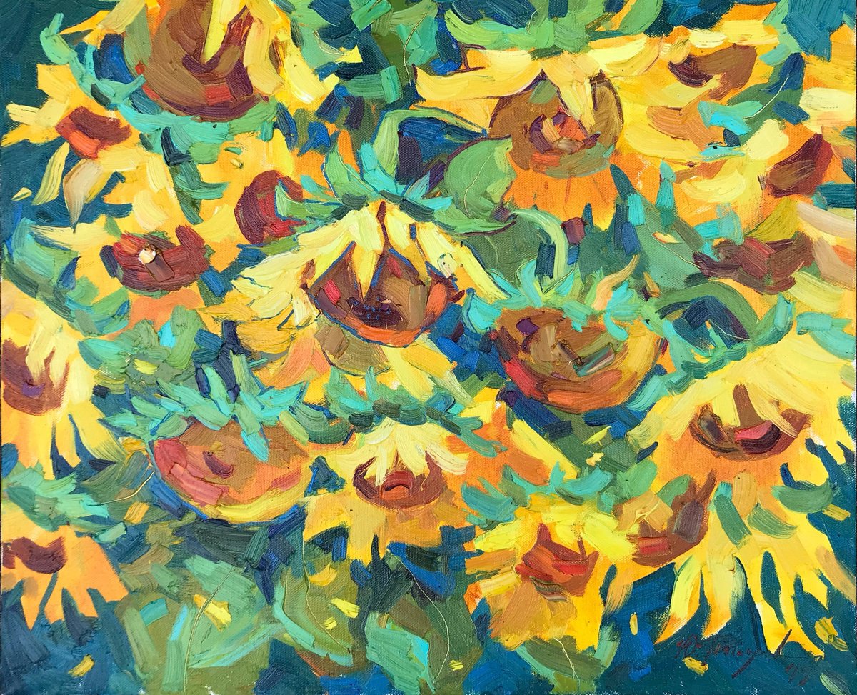 Impressionistic Botanical Oil Painting By Yuliia Pastukhova, 24 X 20", Sunflowers, Original Artwork