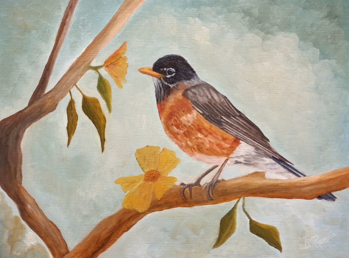 Impressionistic Animal Oil Painting By Angeles M. Pomata, 13 X 10, Robin On A Spring Afternoon, Original Artwork