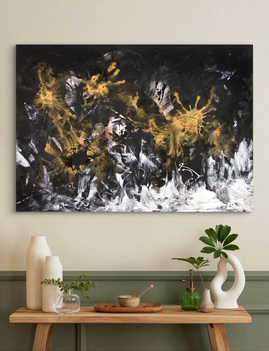 Expressive Abstract Acrylic Painting By Paresh Nrshinga Frsa, 48 X 34", Light Over The Ridge, Original Artwork