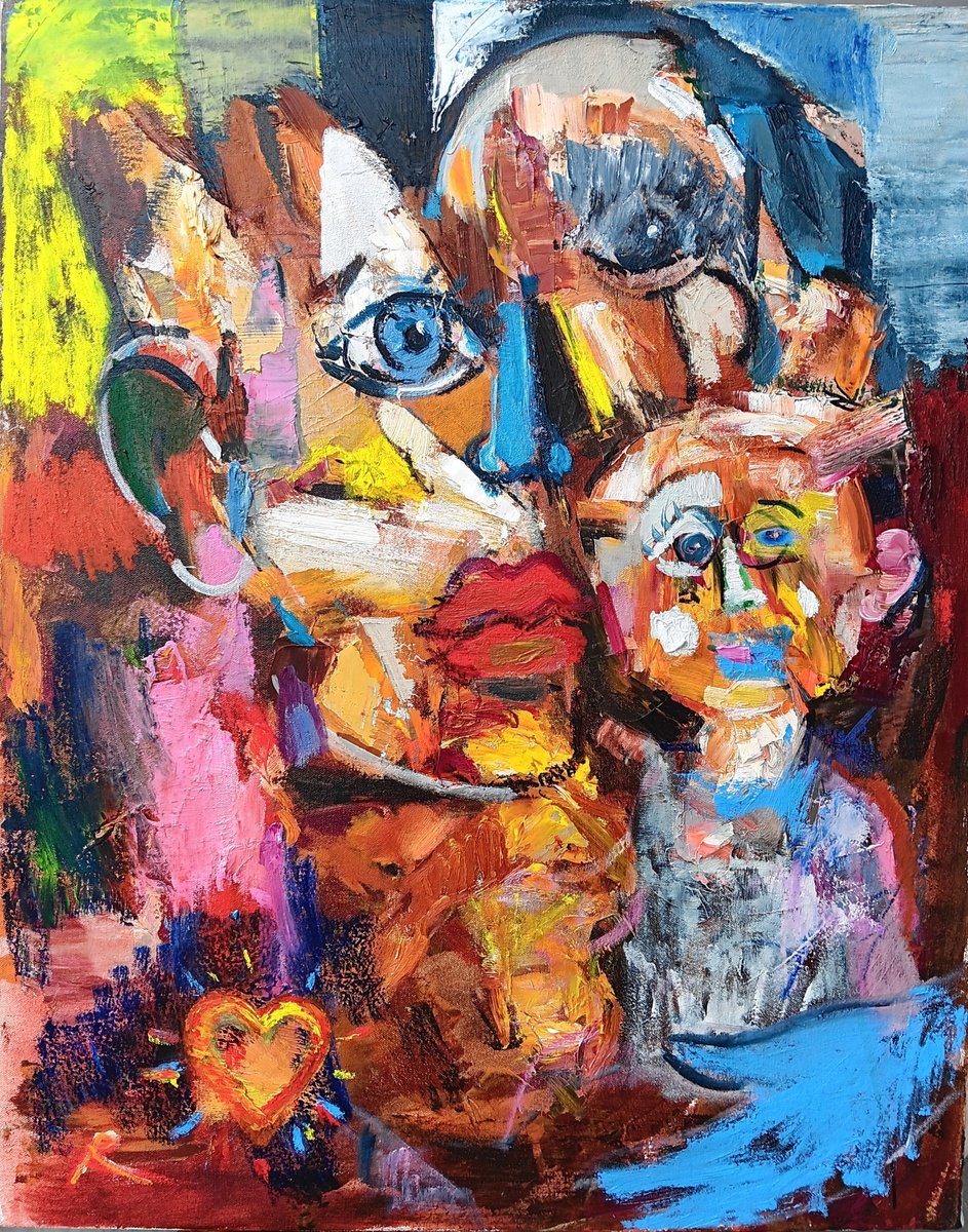 Expressive Portrait Oil Painting By Ruslan Khais, 24 X 30", Mother And Child. Love., Original Artwork
