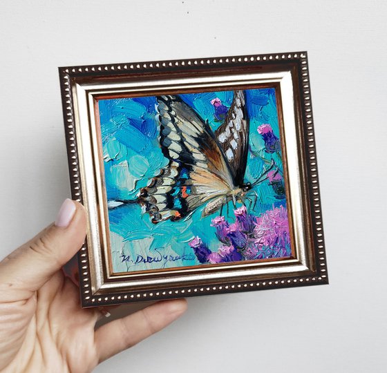 Butterfly painting original oil art framed miniature, Giant Swallowtail butterfly painting small