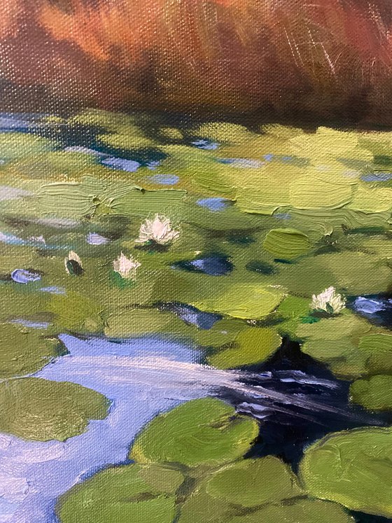 "Lily Pads and Peaks"-100x70cm large original oil painting by Artem Grunyka