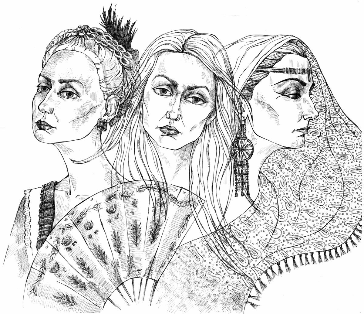 Photorealistic Portrait Ink Drawing By Kateryna Bortsova, 24 X 20", When East Meets The West, Original Artwork