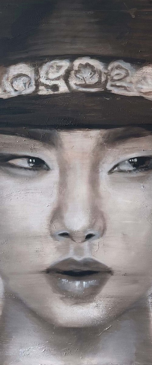 Yoon | Asian female model with hat contemporary portrait large painting oil on canvas ready to hang Painting by RK H by Renske Karlien Hercules