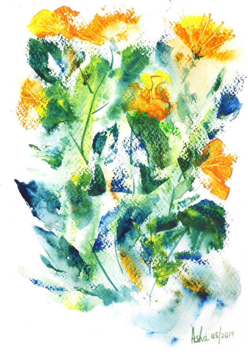 Yellow Spring Flowers, Abstract Floral Art, Expressionist Floral watercolor painting 10x... by Asha Shenoy