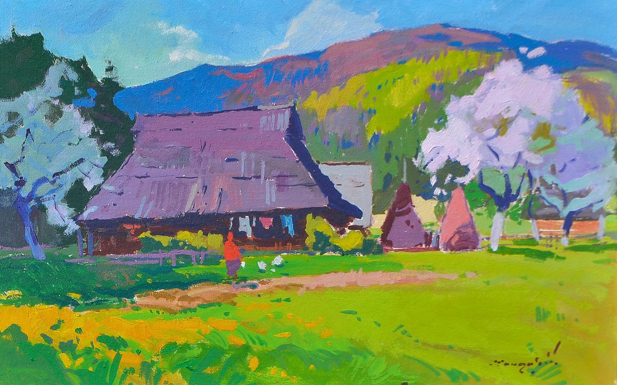 Impressionistic Landscape Oil Painting By Alexander Shandor, 28 X 18, Blooming Courtyard, Original Artwork