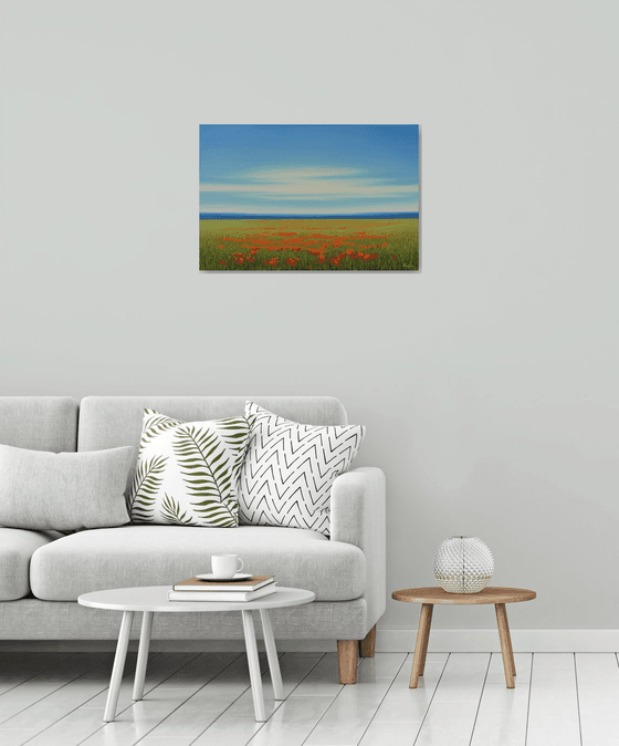 Lush Poppy Field - Blue Sky Flower Field Landscape