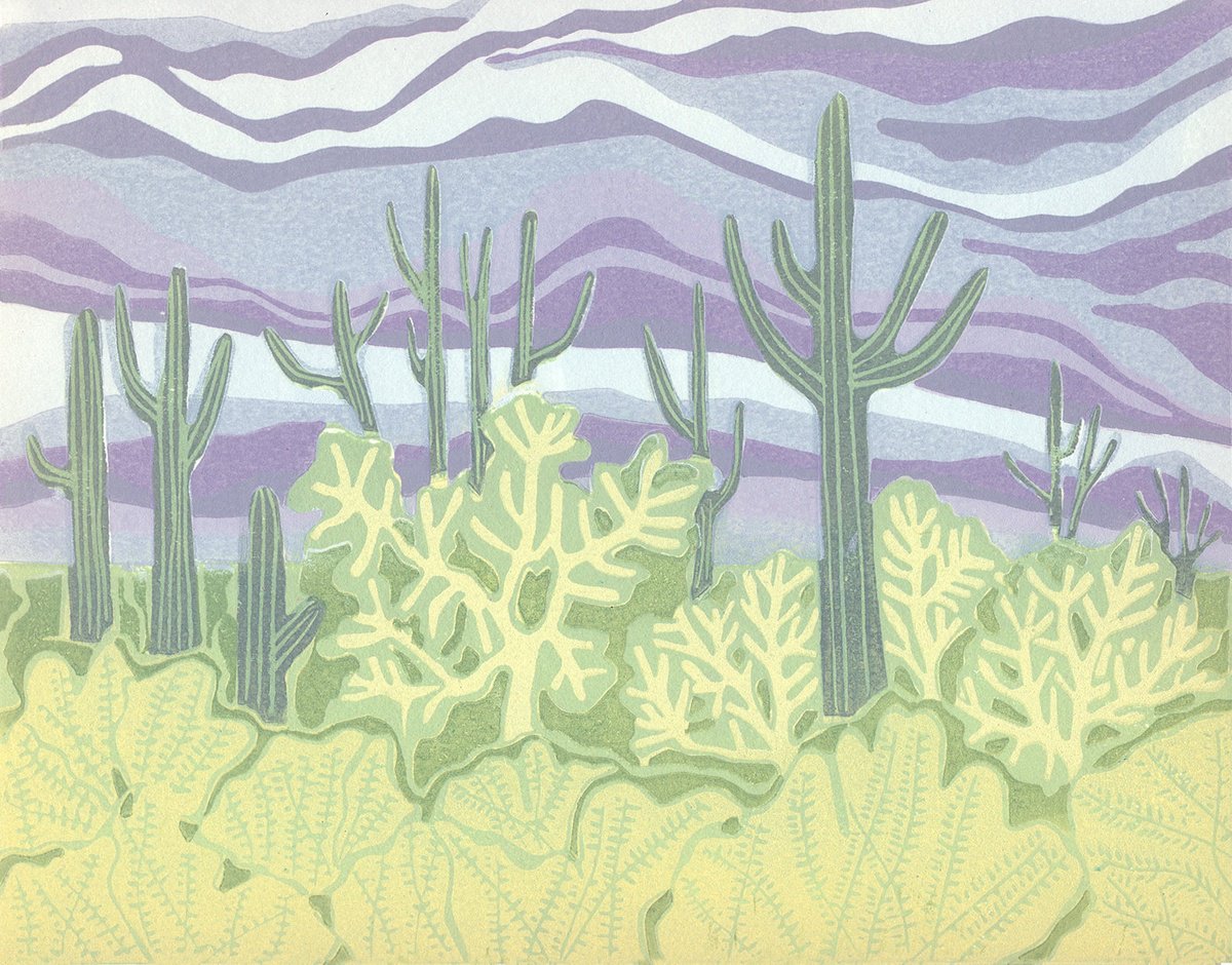Illustrative Landscape Linocut By Kate Goetz, 13 X 11", The Colour Of Spring, Az, Original Artwork