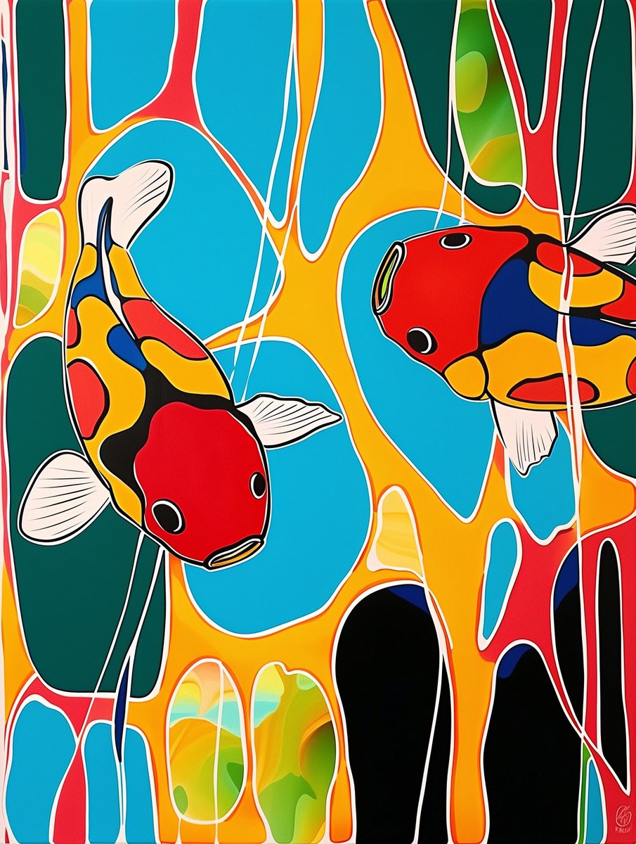 Abstract Acrylic Painting By V+V Kniazievi, 47 X 59", Geometric Abstraction With Fishes #6, Original Artwork