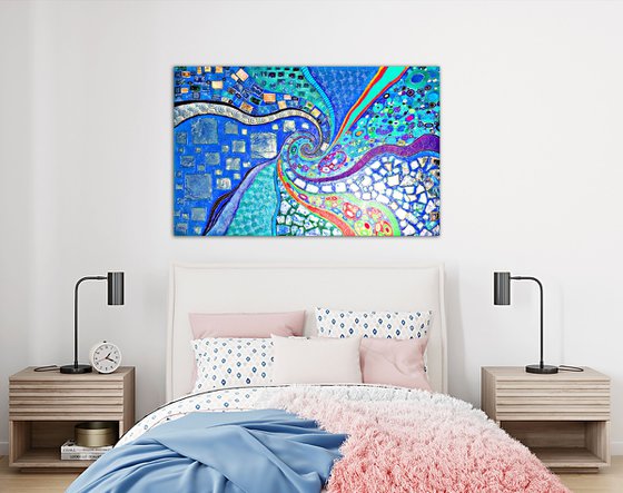 Large turquoise blue abstract painting. Vivid spiral abstract sea \ ocean wave.