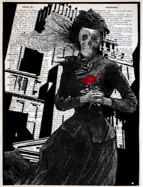 Death Walking on The Streets - Collage Art Print on Large Real English Dictionary Vintage Book Page