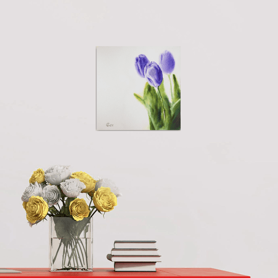 Purple tulips. Minimalistic still life with flowers nature green decor white bouquet wall watercolor small painting original bright gift