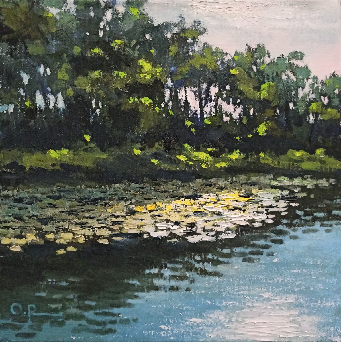 Impressionistic Landscape Oil Painting By Oleh Rak, 12 X 12", Morning On The River, Original Artwork