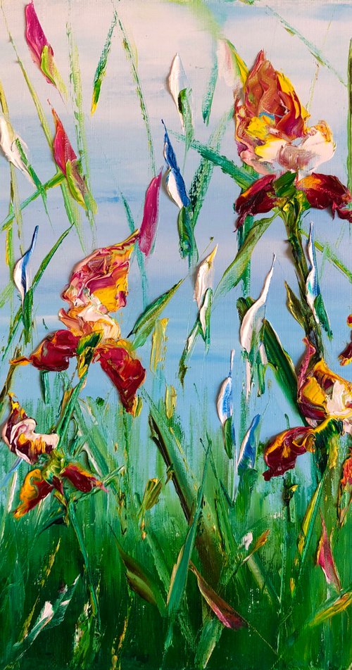 MORNING IRISES - Blooming irises. Red flowers. Summer landscape. Saturated colors. Fancy petals. Greenery. Beauty of nature. Palette knife. by Marina Skromova