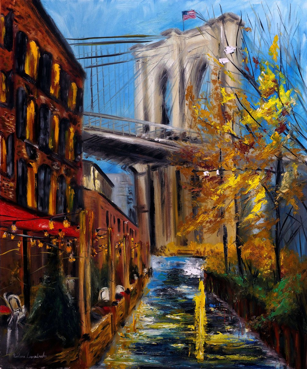 Impressionistic Cityscapes Oil Painting By Ruslana Levandovska, 30 X 36", Autumn At Brooklyn Bridge In Dumbo, New York, Artfinder