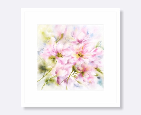 Peony bouquet. Pink loose flowers watercolor painting.
